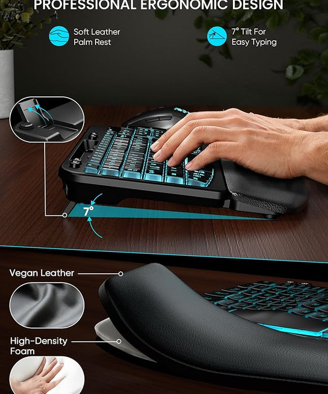 SABLUTE Wireless Keyboard and Mouse Combo - Ergonomic Wave Keyboard with Soft Leather Wrist Rest, Phone Holder, Rechargeable, RGB Backlit Mouse, Full-Size Set for Windows/Mac/Computer (Black)