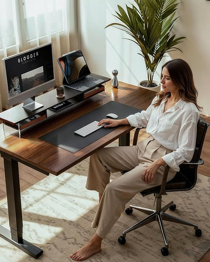 Fenge Dual Monitor Stand with Drawer, 42.5 Inch Large Monitor Riser with Acrylic Legs Supports, Computer Stand for Desk, 2 Tier Wood Desk Shelf with Storage Organizer for PC, Laptop, Printer, TV