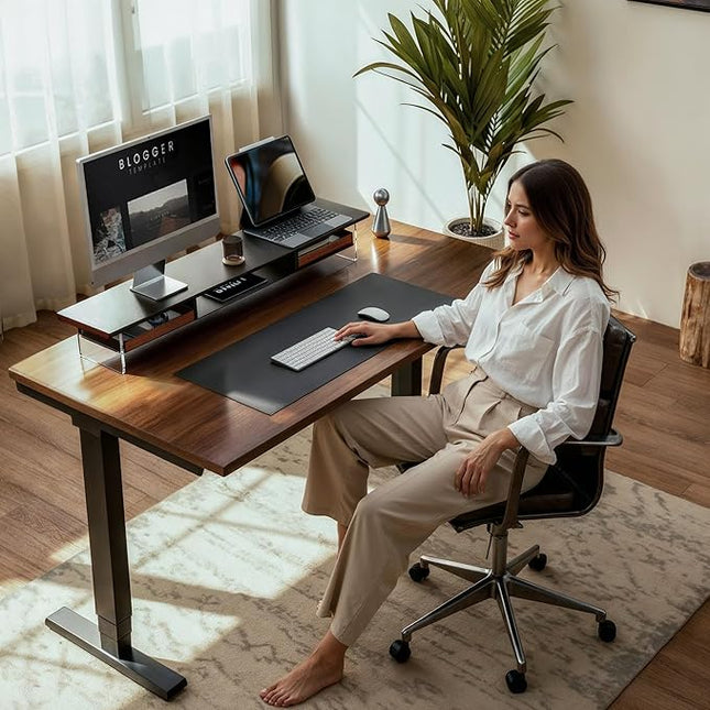 Fenge Dual Monitor Stand with Drawer, 42.5 Inch Large Monitor Riser with Acrylic Legs Supports, Computer Stand for Desk, 2 Tier Wood Desk Shelf with Storage Organizer for PC, Laptop, Printer, TV
