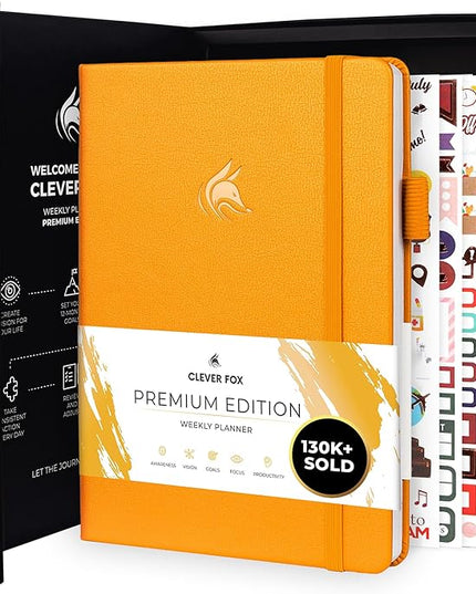 Clever Fox Planner Premium Edition – Undated Luxurious Weekly & Monthly Planner to Increase Productivity and Hit Your Goals – Organizer – Start Anytime, A5, Lasts 1 Year, Amber Yellow (Weekly)