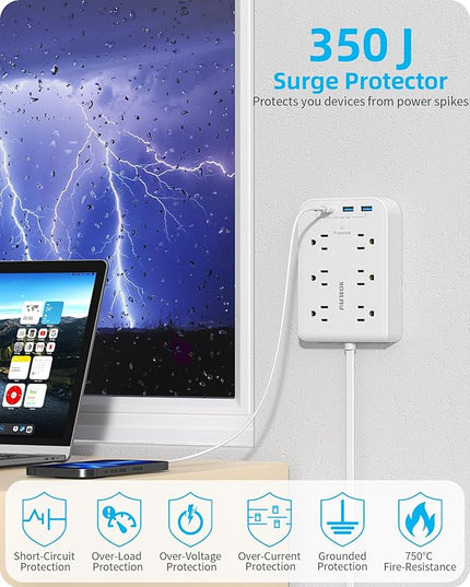 5 FT Flat Plug Extension with 4 USB(2 USB C), 6 AC Outlets Multiple Plug Expander Wall Charger, Ultra Thin Extension Cord, Power Strip Surge Protector for Home Office Kitchen. White
