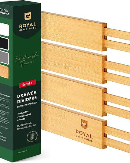 ROYAL CRAFT WOOD Adjustable Bamboo Drawer Dividers Organizers (17-22") - Expandable Drawer Organization Separators for Kitchen Utensils, Clothes, 4-Pack