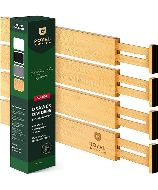 ROYAL CRAFT WOOD Adjustable Bamboo Drawer Dividers Organizers (17-22") - Expandable Drawer Organization Separators for Kitchen Utensils, Clothes, 4-Pack
