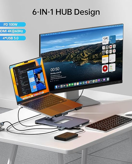 BENFEI Laptop Stand with USB C 6in1 Docking Station, HDMI 4K@60Hz, 4*USB3.0, 100W PD Compatible with MacBook Pro/Air, iPad Pro, XPS, Thinkpad