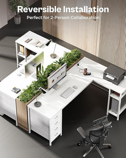 Huuger 63 Inch L Shaped Desk with Fabric Drawers, Reversible Computer Gaming Desk with Power Outlets and USB-C Port, Adjustable Side Storage Shelves, for Work Study Corner Home Office, White