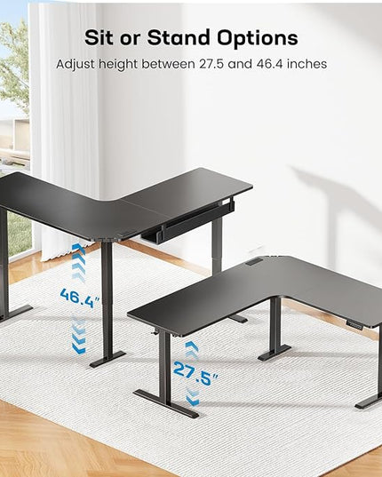 HUANUO Electric L Shaped Standing Desk, 63" x 63" Height Adjustable Corner Standing Desk with Built-in Power Outlets & Power Strip Holder, Sit Stand Up Table with 3 Preset Heights, Black