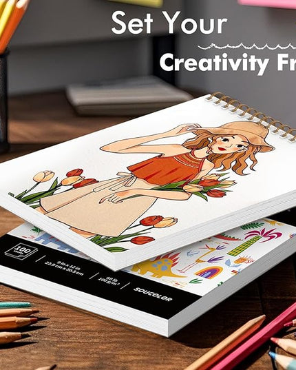Soucolor 9" x 12" Sketch Book, 100 Sheets Spiral Bound Art Sketchbook, Acid Free Artist Drawing Book Paper, Art Supplies for Adults, Craft Activities, Sketch Paper for Drawing Coloring Sketching