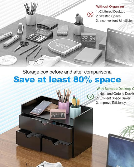 Bamboo Desk Organizer with Drawers Desktop Storage Drawers for Bills Office Supplies Kitchen Utensils Organizing Tool for Home Classroom Organization No Assembly (Black with Shelf)