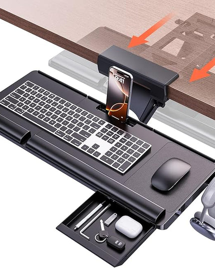 Klearlook Upgraded Ergonomic Keyboard Tray Under Desk, Adjustable Sliding Keyboard Platform Holder, Keyboard Stand with Wrist Rest & Storage Drawer for Home, Office and Gaming, 24.4"x10"