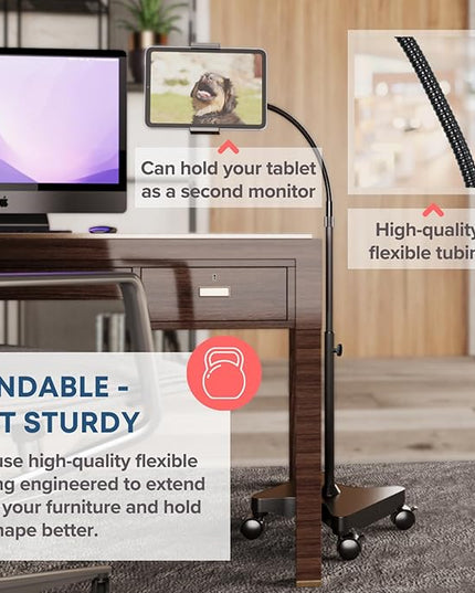 LEVO Adjustable Height Floor Stand on Wheels for Tablet & Phone - Gooseneck Holder Mount with Stable Base - Compatible with All Cell Phones & Tablets (4-13 inch) - Black with Casters