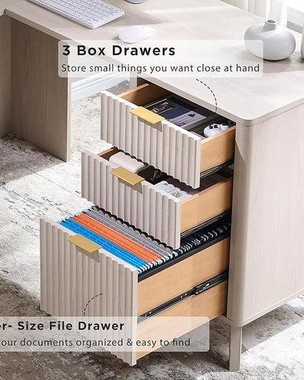 T4TREAM 60" Fluted Executive L Shaped Desk, Modern Home Office Desk with Charging Station and File Drawer, Computer Corner Desks with Drawers & Storage Cabinet for Office Home, Bedroom, Alder White
