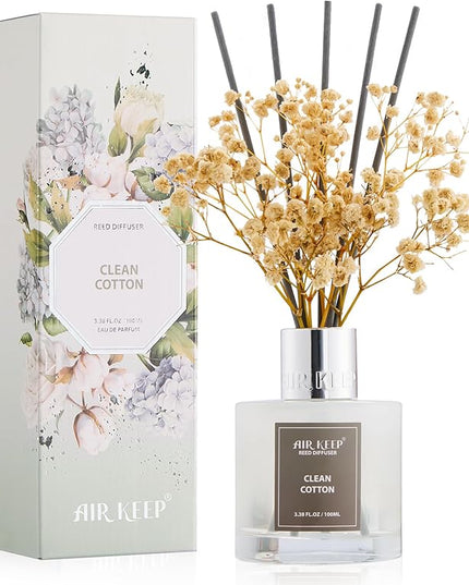 Airkeep Reed Diffuser Set,3.38 fl oz (100 ml) - Clean Cotton Oil Diffusers with 8 Reed Sticks, Home Fragrance Reed Diffuser for Bathroom Shelf Decor