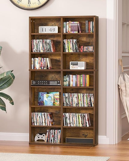 LELELINKY 7 Tier Tall Display Cabinet, Brown Media Storage Cabinet with Adjustable Shelves, Free Standing DVD Organizer Shelf, Floor Multimedia Storage Manga Bookshelf for Living Room & Home Office.