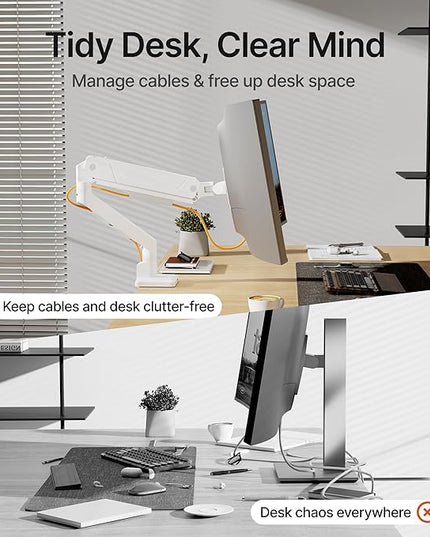 monTEK Single Monitor Arm with USB for Max 45 Inch Ultrawide Screens Adjustable Monitor Desk Mount Holds 35 Lbs Cable Management with C Clamp/Grommet Desk Mount, VESA 75/100mm, MA1007UCWH