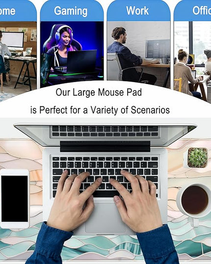 Desk Mat Gaming Desk Pad Large Mouse and Keyboard Pad, Abstract Serene Ocean Sunrise Mouse Mat XXL, Pastel Desk Protector Mat Computer Mats for Desktop Sun & Waves Office Decor 31.5" x 15.7"