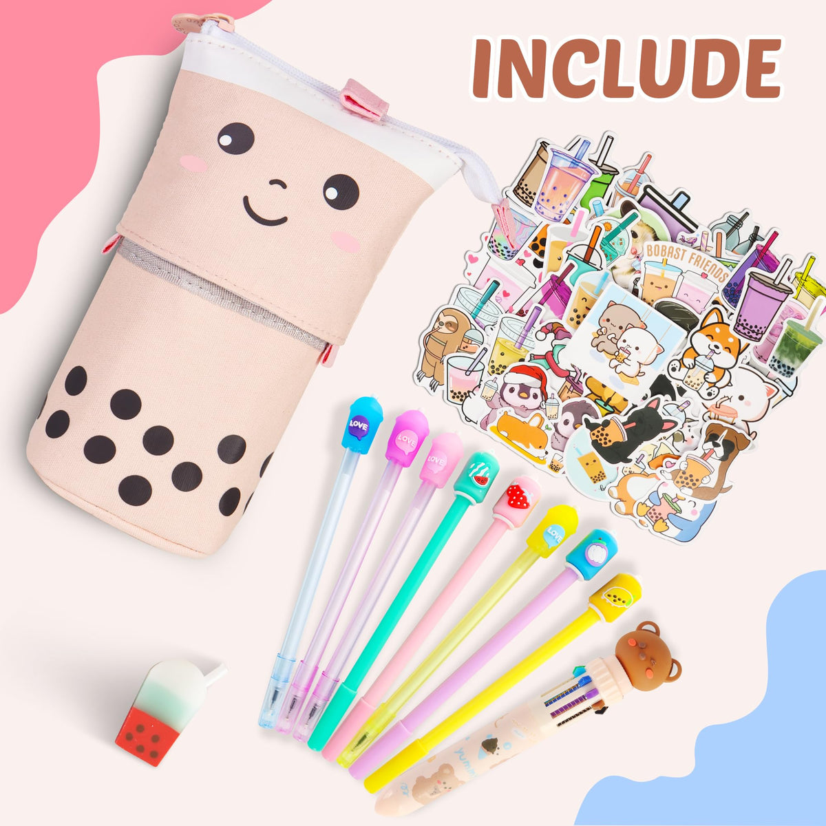 Cute Boba Pencil Case Set for Girls - Back to School Supplies Kit with Pop Up Pencil Pouch, Pens, Stickers & Eraser, Kawaii Stationery Set for Students, Classroom, & Journaling (Pink Bubble Tea)