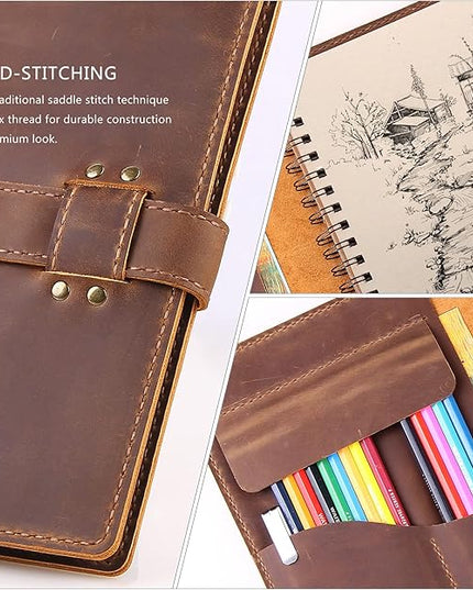 Robrasim Handmade Leather Sketchbook Cover, Leather Artist Sketch Pad Cover for 5.5" x 8.5" Sketchbook, Drawing Book and Pencil Case, Journal Notebook Portfolio, Artis Gifts-Brown