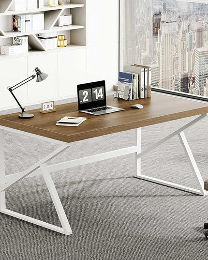 HSH Farmhouse Desk Computer Table, Modern Home Office Desk, Student Desk for Bedroom, Rustic Wood and Metal PC Laptop Desk, Simple Writing Study Gaming Desk Executive Workstation, 55 Inch