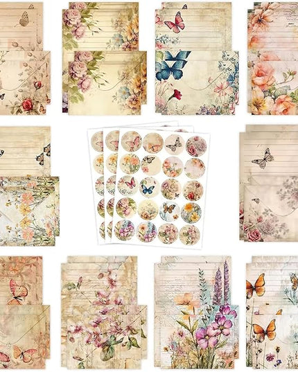 160 Pcs Stationery Paper Envelopes Set Includes 50 Lined Writing Paper & 50 Envelopes with 60 Colorful Round Dot Stickers, Cute Vintage Floral Letter Writing and Stationery Paper Envelopes(10Style)