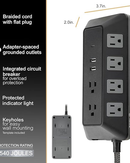 GE UltraPro 10-Outlet Surge Protector with USB, 2 USB-A, 1 USB-C, 4 Ft Braided Extension Cord, Multi Plug Outlet Extender, Adapter Spaced, Flat Plug, 3540 Joules, Charging Station, Black, 81785