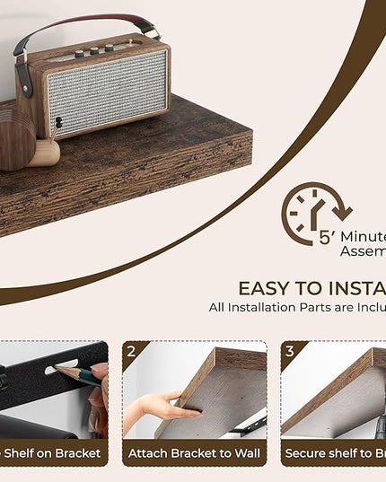 RICHFOCUS 55Inch Floating Shelves for Wall 2 Pack Shelves for Bedroom|Kitchen|Bathroom Wall Mounted Rustic Wood Floating Shelf with Invisible Brackets for Books|Storage|Decor, Rustic Brown