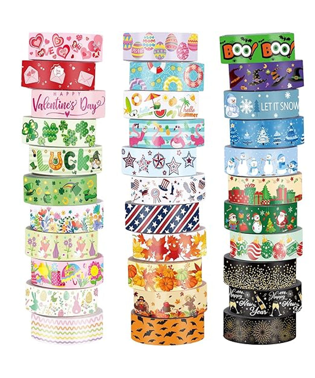 TaoBary 33 Rolls Holiday Plaid Washi Tape, 15 mm Seasonal Washi Tape Set Bohemian Colorful Vintage Cute for Card Wrapping Craft(Festive Style)