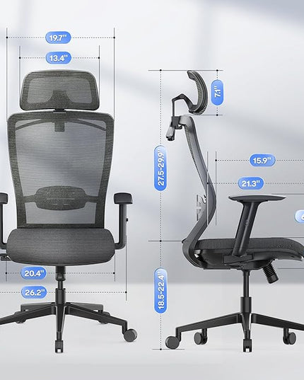 FLEXISPOT Classic Ergonomic Office Chair with High Back Swivel Computer Chair Executive Office Desk Chairs, with Lumbar Support/2D Headrest/Lockable Tilt Function, Foam Seat Cushion, Gray