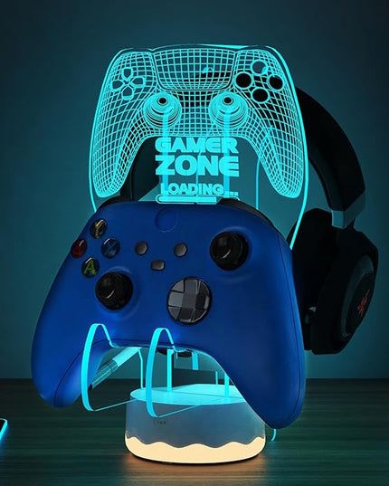 Light up Headset and Controller Stand, 16 Colors 3D LED Lights Gamepad Headphone Holder with Remote Control, Game Controller Hanger for All Universal Gaming PC Accessories