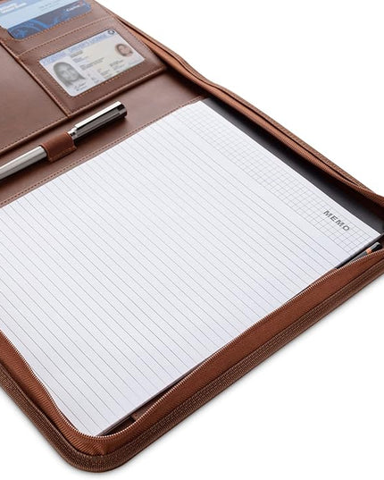 Forevermore Portfolios Padfolio Binder - Professional Faux Leather Travel Organizer Pouch for Tablet, Documents, Presentation Folders, Zipper Closure, Notepad - Brown
