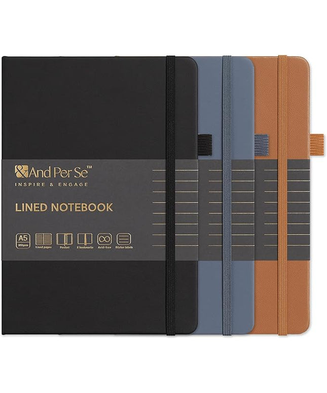 &And Per Se Lined Journal Notebook (3 Packs), 160 Pages 100GSM Thick Paper, A5 Hardcover College Ruled Journals for Writing, 5.7'' x 8'' (Brown, Blue & Black)