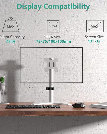 WALI Single Monitor Stand, Free Standing Desk Stand with Mounting Holes 75 to 100, Fully Adjustable Mount Fits One Screen up to 32 inch (MF001-W), White
