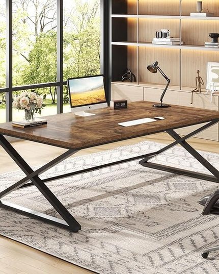 IBF Rustic Large Desk for Home Office, 78.7" Extra Long Computer Desk, Wood Metal Wide Work Desk for Study Writing, Farmhouse Dual Monitor Workstation Gaming Desk Computer Table, Rustic Brown