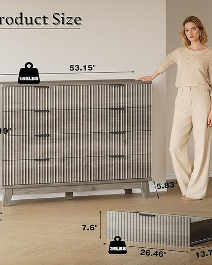 BORNOON 53" Tall Dresser for Bedroom, 8-Drawer Fluted Chest of Drawers, Modern Wood Highboy with Metal Slides and Handles, Anti-Tip Kit, Vertical Clothes Storage Organizer for Apartment, Closet