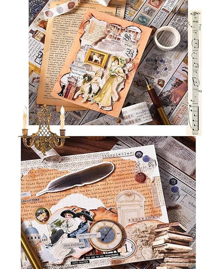 18 Rolls Vintage Washi Tape Set, Castle Stamp Music Retro Masking Tape 5/10/15/20/25/30/50/75mm Wide 6.56ft Long Decorative Scrapbook Tape for journaling, Scrapbooking Supplies, Junk Journal Craft