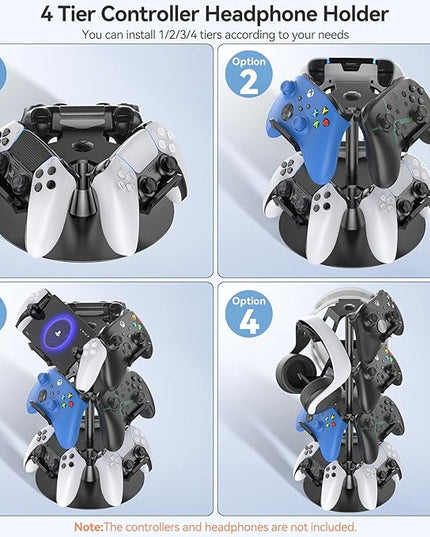 Headset Stand 4 Tiers for Desk, Rotatable Gaming Controller Stand for PS5/PS4/Xbox/Switch2/PS Portal/Phone, Universal PC Gamer Gift Accessory Controller/Headphone Holder for 12 Packs Controller