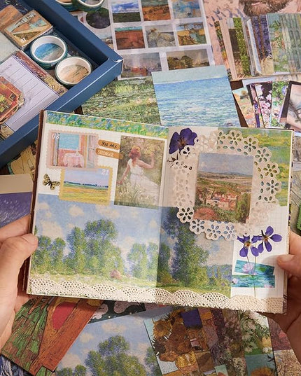 Scrapbooking Supplies Kit Plus 480Pcs, Vintage Van Gogh Oil Painting Aesthetic Scrapbook Kit for Bullet Junk Journal, DIY Journaling Supplies, Stationery, A5 Grid Notebook, Craft Gift Kid Girl