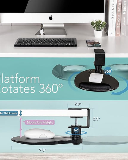 EHO Clamp on Mouse Platform, Clip on Pad Rotating 360 Degree, w/Comfortable Gel Wrist Rest, Ergonomic, Attachment, Slide Out Tray, Suitable for 1.5" Thickness Desk, for Home Office Desk Organizer