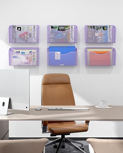 EasyPAG Single Pocket Wall File Organizer, Mesh Hanging File Folder Organizer for Letter/A4 Size Folders, Wall Mounted Vertical Mail Holder for Paperwork, Office, Home, School, Purple