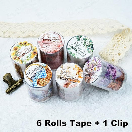 AuriicLeaf Flower Basket PET Tape Set, 6 Rolls Pre-Cut Vintage Floral Scrapbook Supplies for Journaling, DIY Crafts, and Planners,with Clip
