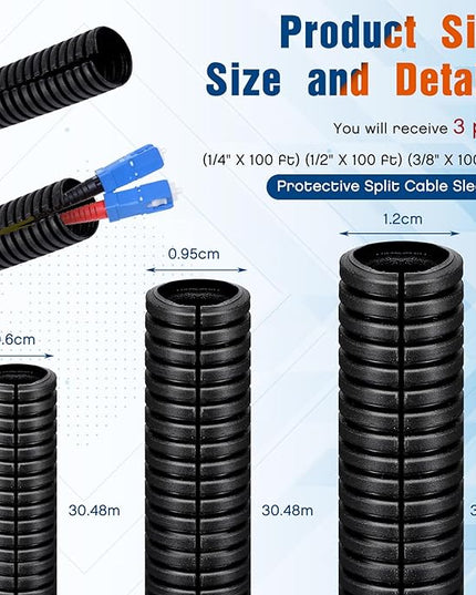Sasylvia 1/4", 1/2", 3/8" x 100 Ft Split Wire Loom Tubing Automotive Wire Loom Assortment Split Cable Sleeves Bulk Flexible Electrical Conduit Protective Kit