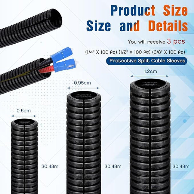 Sasylvia 1/4", 1/2", 3/8" x 100 Ft Split Wire Loom Tubing Automotive Wire Loom Assortment Split Cable Sleeves Bulk Flexible Electrical Conduit Protective Kit