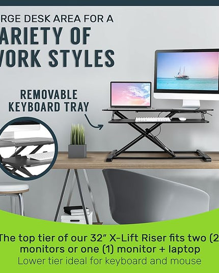 TechOrbits Standing Desk Converter - 32 Inch Adjustable Sit to Stand Up Workstation, Particle Board, Dual Monitor Desktop Riser with Keyboard Tray, for Home Office Laptop, Black 32"
