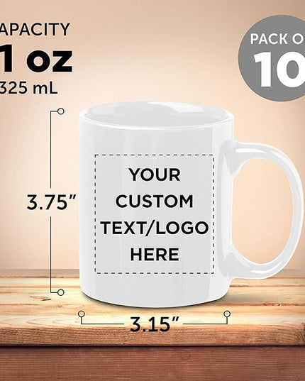 Custom Ceramic Coffee Mugs 11 oz. Set of 10, Personalized Bulk Pack - Coffee cup set, Iced coffee cup, Gaming mug - Creamy White