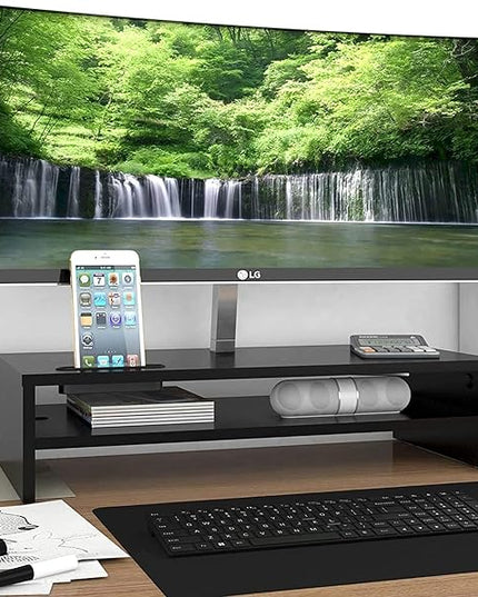 BONTEC Wood Monitor Stand Riser, 2-Tier Desktop Organizer with Storage, Ergonomic Computer Stand for Desk, Cable Management, Cellphone Holder, 21.3 Inch Shelf, Black