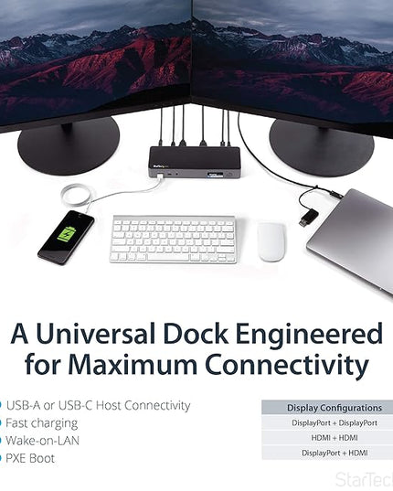 StarTech.com USB-C / USB-A Hybrid Docking Station for MacBook Pro / Air M1 M2 M3 M4 & Windows, Universal Dual 4K 60Hz HDMI DP Dock, Thunderbolt Compatible, 60W Laptop Charging