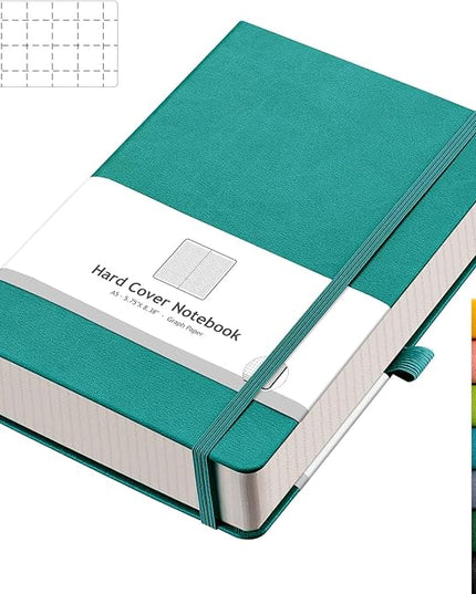 AHGXG Graph Paper Notebook - 320 Pages Grid Notebook Thick Journal A5, 100gsm Thick Graph Paper, Leather Hardcover, Inner Pocket,5.75'' × 8.38''- Cyan