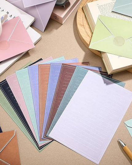 TaoBary 160 Packs Stationery Paper Set (50 Double Sided Stationery Writing Papers 50 Matching Envelopes) 60 Round Dot Sticker, 10 Design (Morandi Color)
