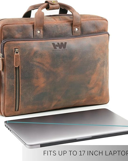 Handmade World Leather Briefcase For Men 'The Contemporary' Fits 17 Inch Laptop Computer Messenger Crossbody Shoulder Bag For Business Travel Office Work