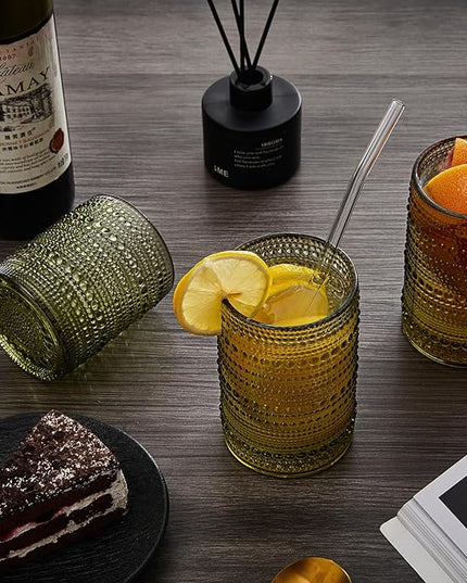 Hobnail Drinking Glasses Set of 6,15 oz Vintage Glassware Set Cocktail Glass Set, Embossed Green Water Tumbler,for Beer, Whiskey,Juice and Various Mixed Drinks (15oz Green)