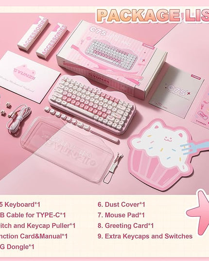 YUNZII C75 Wireless Mechanical Keyboard,75% Layout, Hot-Swappable NKRO,BT5.0/2.4G/USB-C Mode,Dye-Sub PBT MOA Keycaps,RGB Gasket Mount,Cute Cake Design for Mac/Win/Gaming (Pink, Milk V2 Switch)